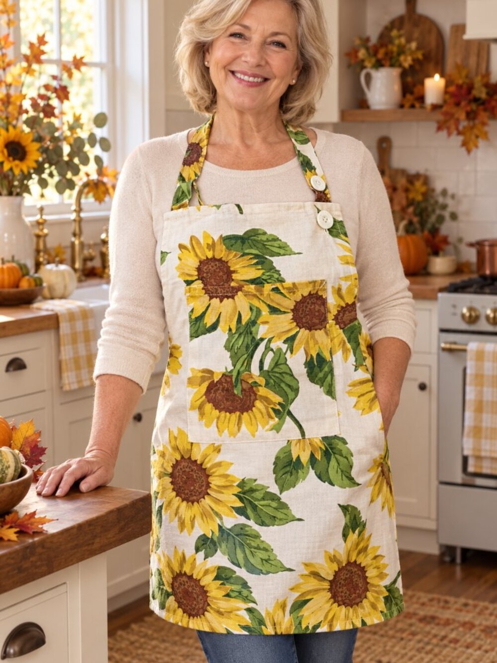 April Cornell Chef Bib Apron Sunflowers Cream Ivory French Floral Country Cotton